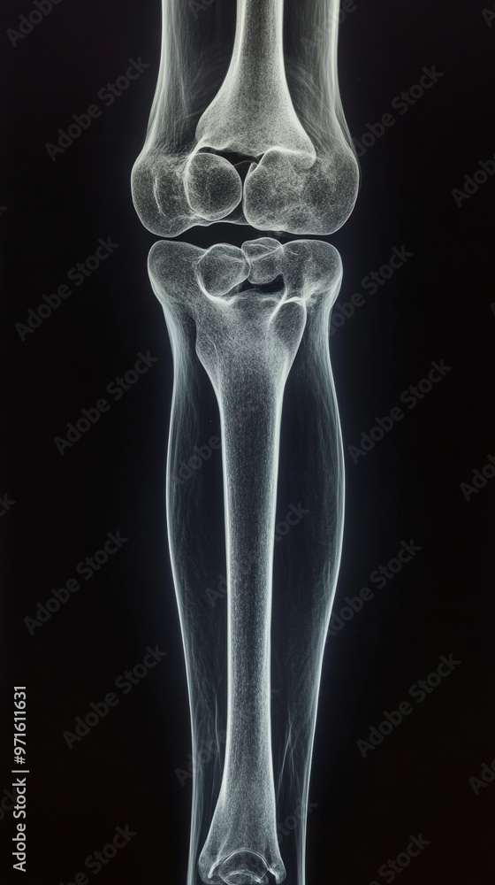X-ray image showing human knee and lower leg bones X-ray image showing human knee and lower leg bones