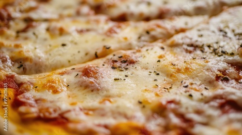 Close up shot of a freshly baked pizza with melted mozzarella