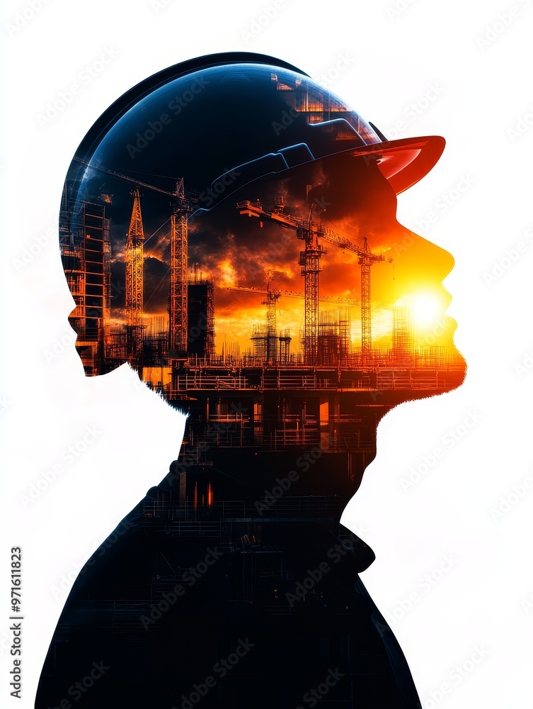 A silhouette of a construction worker wearing a hard hat, with a sunset and cranes superimposed over their head, symbolizing ambition, progress, dedication, hard work, and the future. A silhouette of a construction worker wearing a hard hat, with a sunset and cranes superimposed over their head, symbolizing ambition, progress, dedication, hard work, and the future.