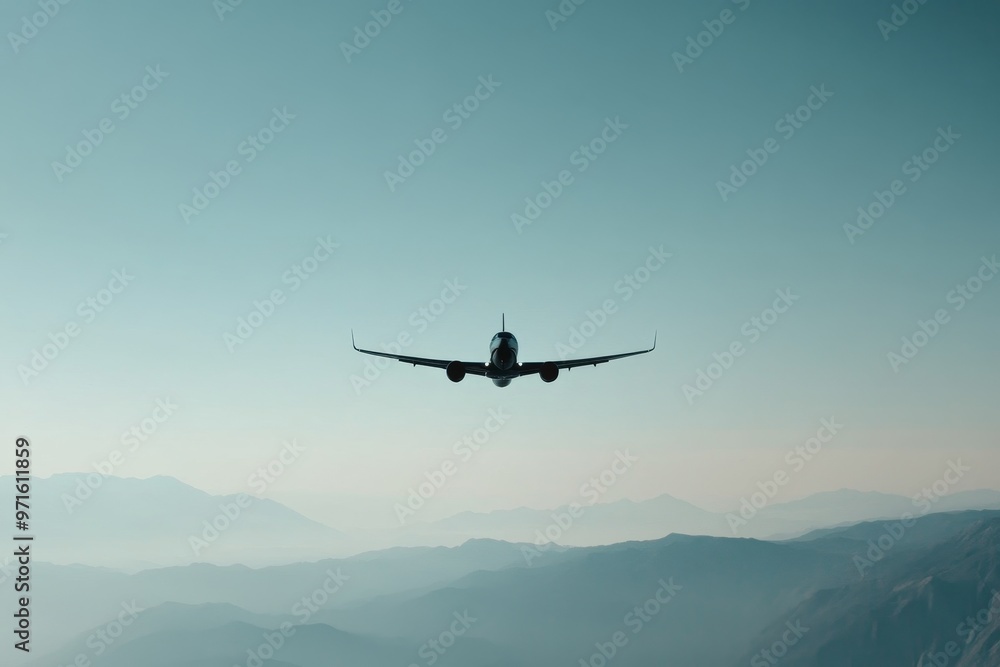 A silhouette of an airplane flying over a mountain range, with the blue sky and a slight haze in the distance. The image symbolizes travel, adventure, freedom, and the beauty of nature. A silhouette of an airplane flying over a mountain range, with the blue sky and a slight haze in the distance. The image symbolizes travel, adventure, freedom, and the beauty of nature.