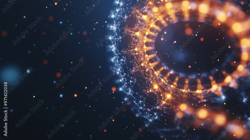 Fototapeta premium Abstract visualization of interconnected particles and glowing orbs, representing technology and science.