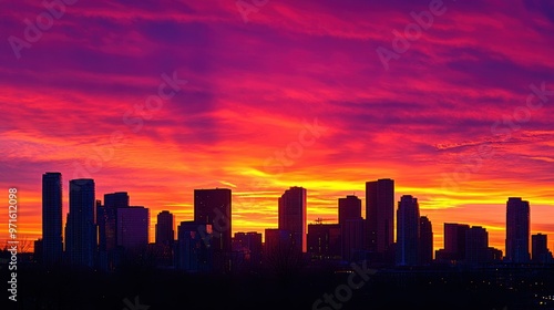 A vibrant city skyline silhouetted against a stunning sunset with colorful clouds.