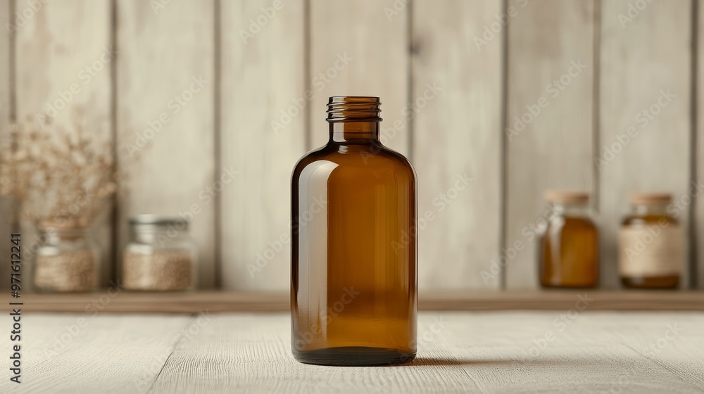 A single amber glass bottle with a cork top stands on a rustic wooden surface against a backdrop of weathered wood paneling. This image evokes a sense of natural beauty, craftsmanship, and simplicity, A single amber glass bottle with a cork top stands on a rustic wooden surface against a backdrop of weathered wood paneling. This image evokes a sense of natural beauty, craftsmanship, and simplicity,