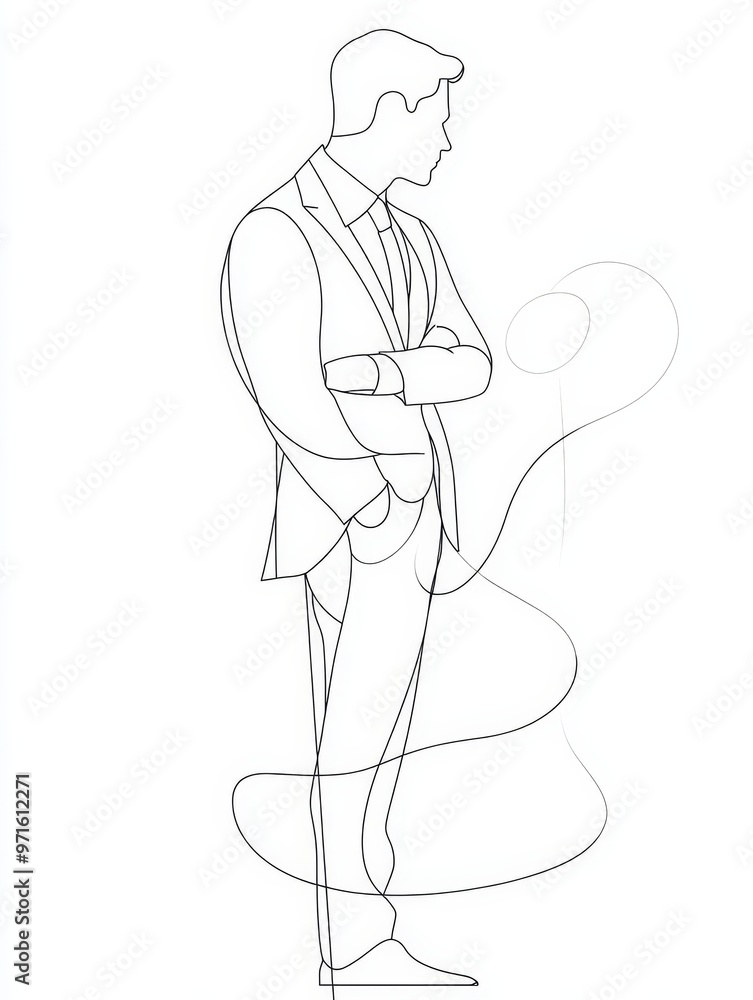 A simple yet powerful line art illustration showcasing a businessman standing with his arms crossed, symbolizing confidence, professionalism, success, and focus. The abstract line design adds a touch A simple yet powerful line art illustration showcasing a businessman standing with his arms crossed, symbolizing confidence, professionalism, success, and focus. The abstract line design adds a touch