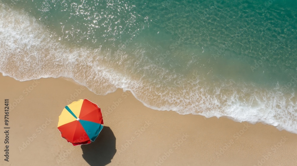 Obraz premium A single, colorful beach umbrella stands on a sandy beach, with a wave gently lapping at the shore. The turquoise water of the ocean stretches out to the horizon, creating a picturesque summer scene. 