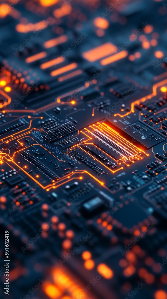 Electronic circuit board showing data transfer with glowing orange lights Electronic circuit board showing data transfer with glowing orange lights