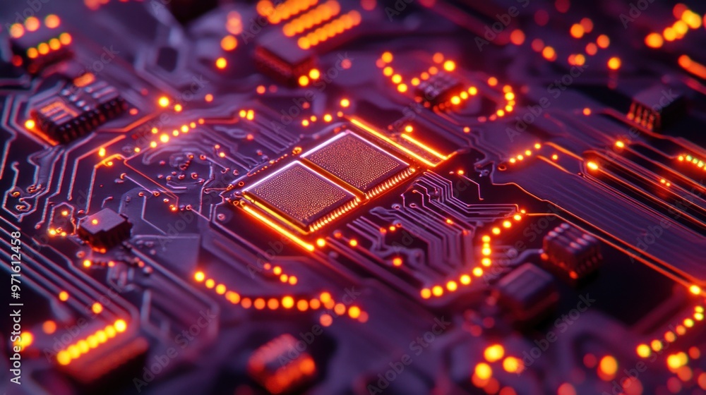 Close-up of a circuit board with glowing components and intricate pathways. Close-up of a circuit board with glowing components and intricate pathways.