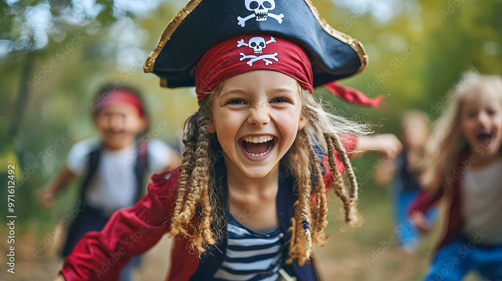 Fototapeta premium Children in pirate costume playing and running outdoors. Funny girl pretends to be captain of ship. Happy childhood with adventure games. Talk like a pirate day