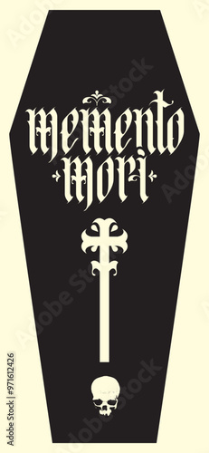 vector calligraphic inscription in gothic font memento mori from latin language translated Think about death with christian crucifixion against the background of a black coffin