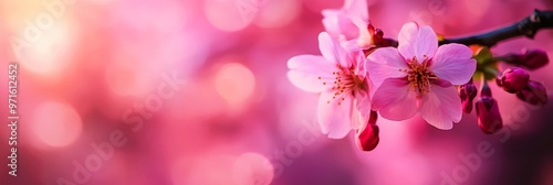 A single delicate pink cherry blossom branch with soft, blurred bokeh background.  The image evokes springtime, new beginnings, beauty, and nature's fragility.