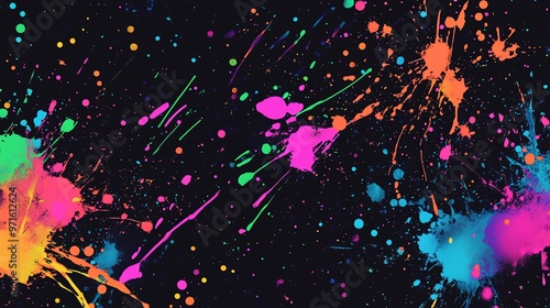 Abstract neon paint splatter on black background.