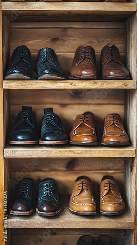 Wallpaper Mural Premium leather shoes arranged on wooden display shelf, showcasing elegance and style Torontodigital.ca