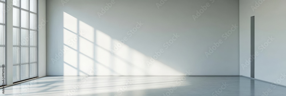 A spacious, minimalist room featuring a large window that allows natural light to flood in, casting soft shadows on the clean, concrete floor. The room is empty, offering a blank canvas for design and A spacious, minimalist room featuring a large window that allows natural light to flood in, casting soft shadows on the clean, concrete floor. The room is empty, offering a blank canvas for design and