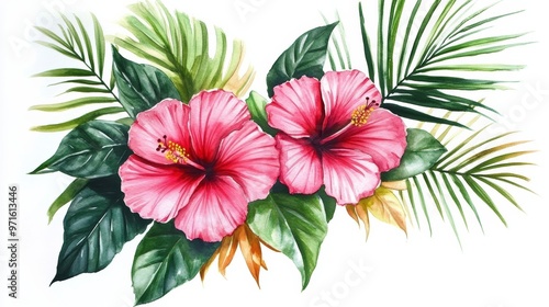 Watercolor painting of pink hibiscus flowers and tropical leaves #971613446