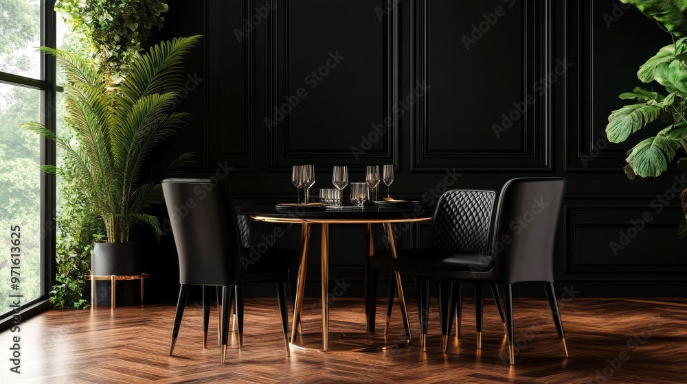A sophisticated dining room with black walls, gold accents, and lush greenery. The black leather dining chairs and gold table create a luxurious ambiance, while the large windows provide natural light A sophisticated dining room with black walls, gold accents, and lush greenery. The black leather dining chairs and gold table create a luxurious ambiance, while the large windows provide natural light