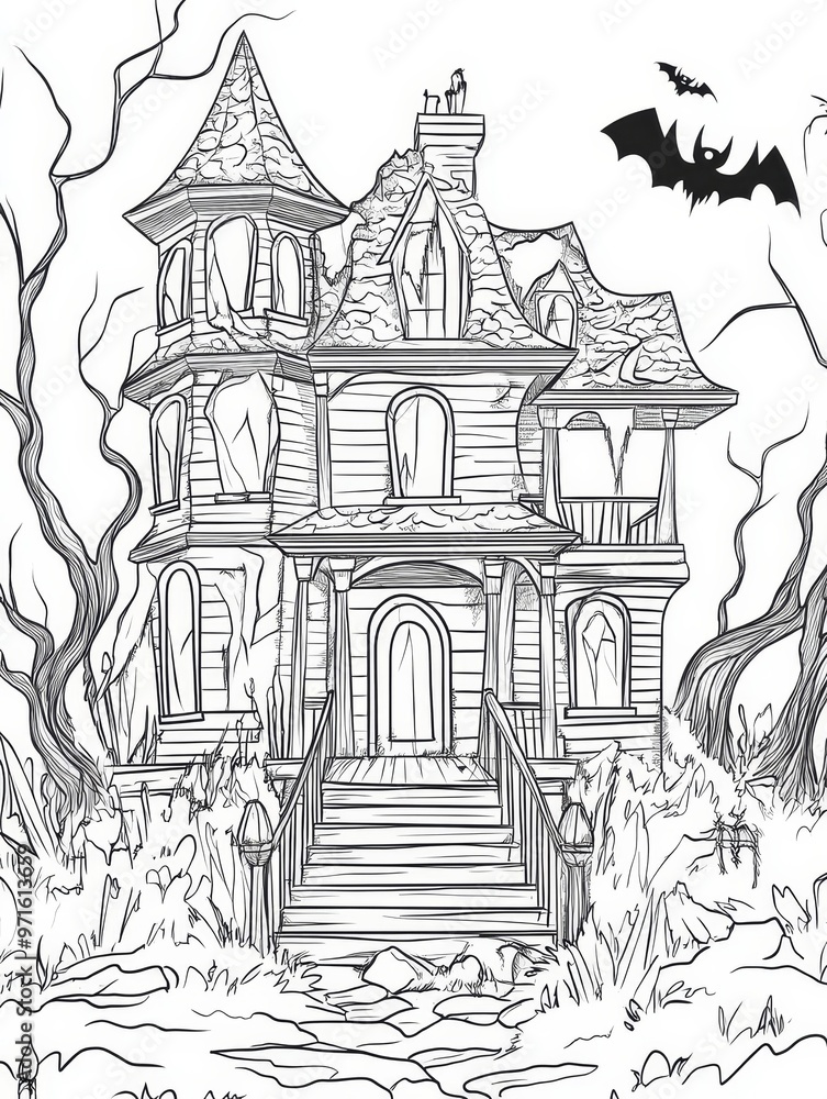 Naklejka premium A spooky Halloween haunted house with a crumbling facade, a large front door, and a set of steps leading to the entrance. The house is surrounded by trees, and a bat flies overhead. This image represe