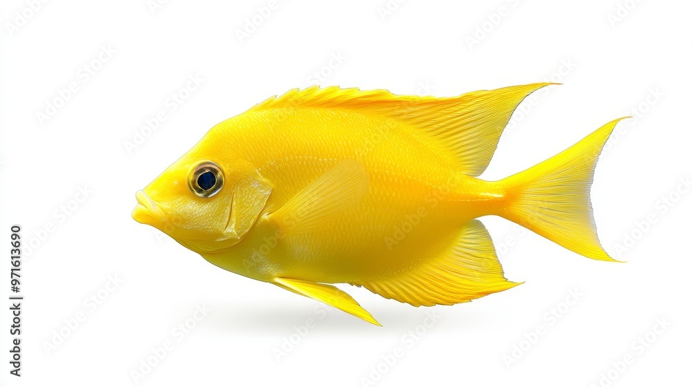 A striking yellow fish with a vibrant, almost luminous color, is captured in a side profile against a pristine white background. Its fins are spread out gracefully, showcasing its intricate details. T A striking yellow fish with a vibrant, almost luminous color, is captured in a side profile against a pristine white background. Its fins are spread out gracefully, showcasing its intricate details. T