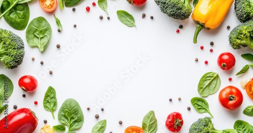 A circular frame of fresh vegetables like broccoli, tomatoes, spinach and bell peppers on a white background with copy space in the center.