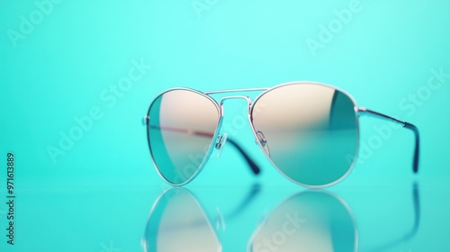 Stylish sunglasses on a reflective surface against a vibrant turquoise background.