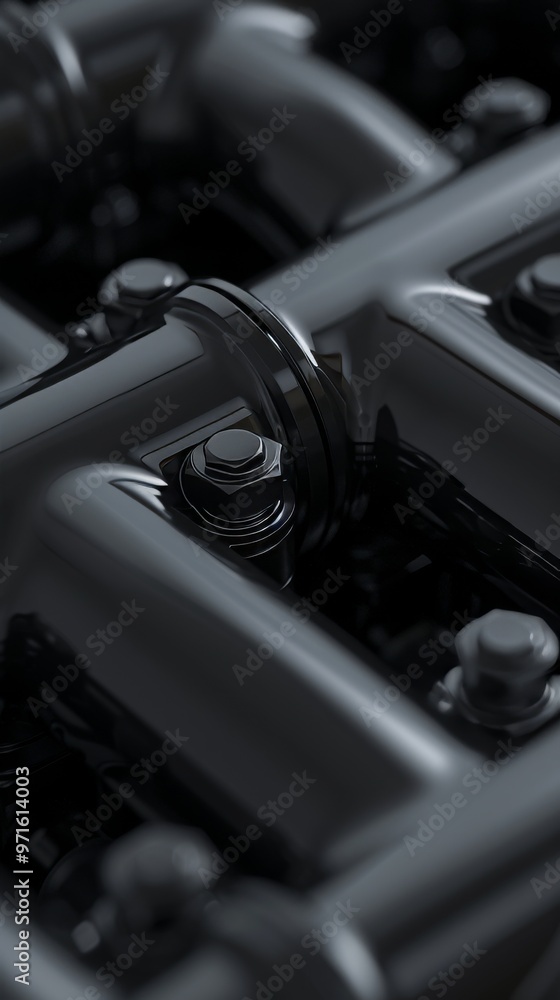 Fototapeta premium Close-up of Polished Automotive Engine Components Showcasing Intricate Detailing and Fasteners