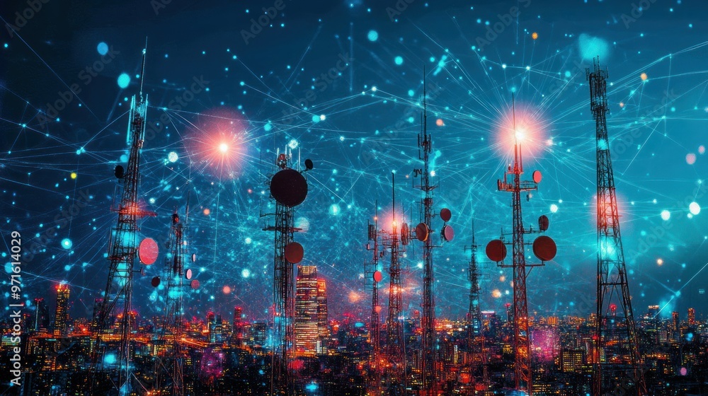 Fototapeta premium Illuminated Cityscape with Towering Communication Antennas and Abstract Network Connections