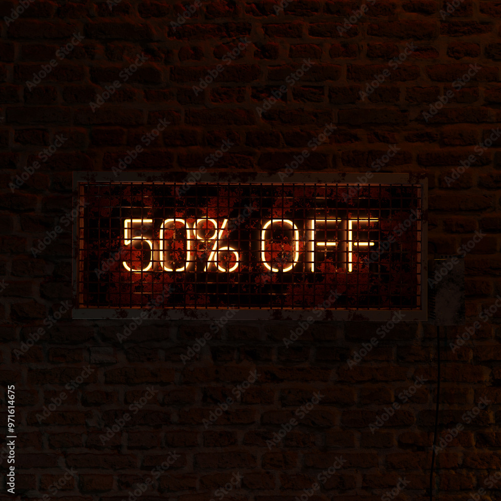 Fototapeta premium 50 Percent Off Neon Light With Brick Wall Bacground