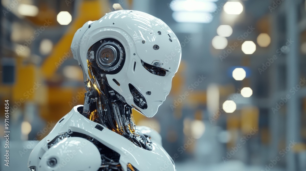 White futuristic robot standing in a factory setting White futuristic robot standing in a factory setting