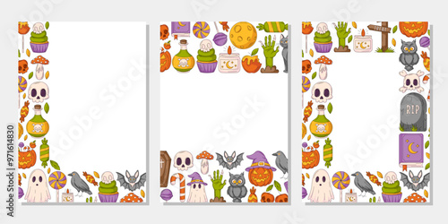 Set of vector halloween vertical a4 poster, space for text. Colorful upper, bottom, corner border frame with spooky and scary elements. For card, banner, invitation, social media, party or planner.