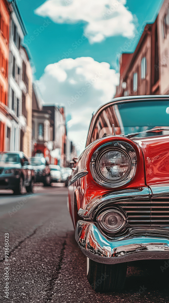 A vibrant retro street scene featuring classic red car, evoking nostalgia A vibrant retro street scene featuring classic red car, evoking nostalgia