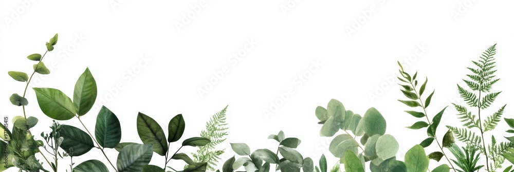 A watercolor illustration of lush greenery, featuring eucalyptus, ferns, and leaves, forming a border on a white background. This image evokes a sense of tranquility, nature, and growth. It symbolizes A watercolor illustration of lush greenery, featuring eucalyptus, ferns, and leaves, forming a border on a white background. This image evokes a sense of tranquility, nature, and growth. It symbolizes