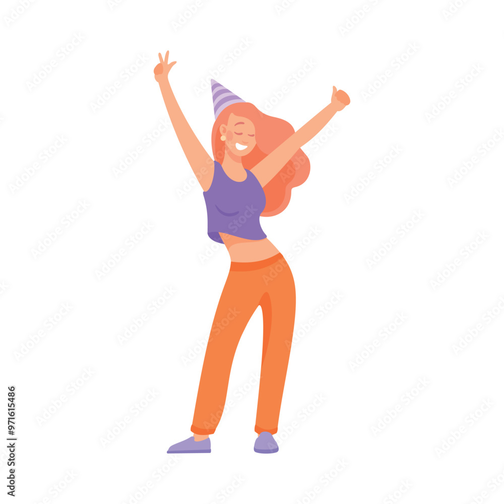 Holiday with Woman Character in Cone Hat Cheering Vector Illustration Holiday with Woman Character in Cone Hat Cheering Vector Illustration