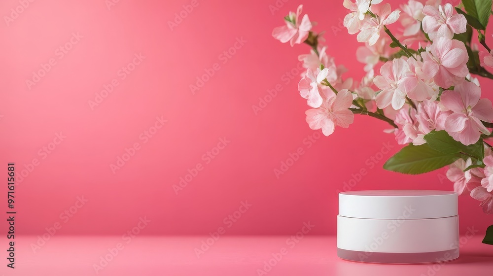 A white jar of product sits on a pink surface with a sprig of white and pink flowers behind it. The image is minimalist and elegant, perfect for showcasing beauty or skincare products. A white jar of product sits on a pink surface with a sprig of white and pink flowers behind it. The image is minimalist and elegant, perfect for showcasing beauty or skincare products.