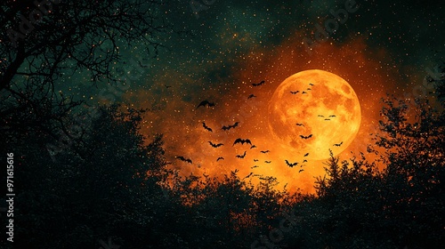 A spooky Halloween night sky filled with flying witches, glowing bats, and a giant harvest moon.