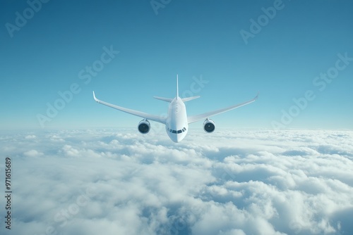A white passenger airplane soars gracefully through the sky, leaving a trail of condensation behind it. The plane is positioned against a backdrop of fluffy white clouds, creating a sense of freedom a