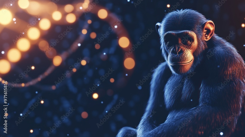 A digital representation of a chimpanzee against a cosmic backdrop with swirling lights. A digital representation of a chimpanzee against a cosmic backdrop with swirling lights.