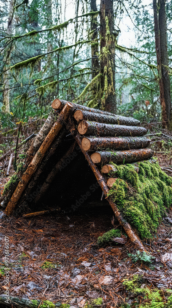 Rugged wilderness shelter made from fallen trees and moss, blending with natures beauty Rugged wilderness shelter made from fallen trees and moss, blending with natures beauty