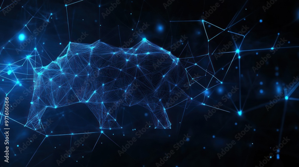 Obraz premium A digital representation of a rhinoceros formed by interconnected blue lines and points.