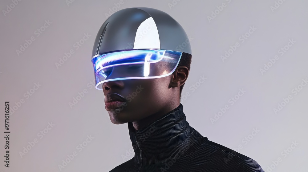 A young man wearing a futuristic helmet with holographic details, the helmet has a visor that is glowing with blue and purple light. This image could symbolize innovation, technology, fashion, and the A young man wearing a futuristic helmet with holographic details, the helmet has a visor that is glowing with blue and purple light. This image could symbolize innovation, technology, fashion, and the