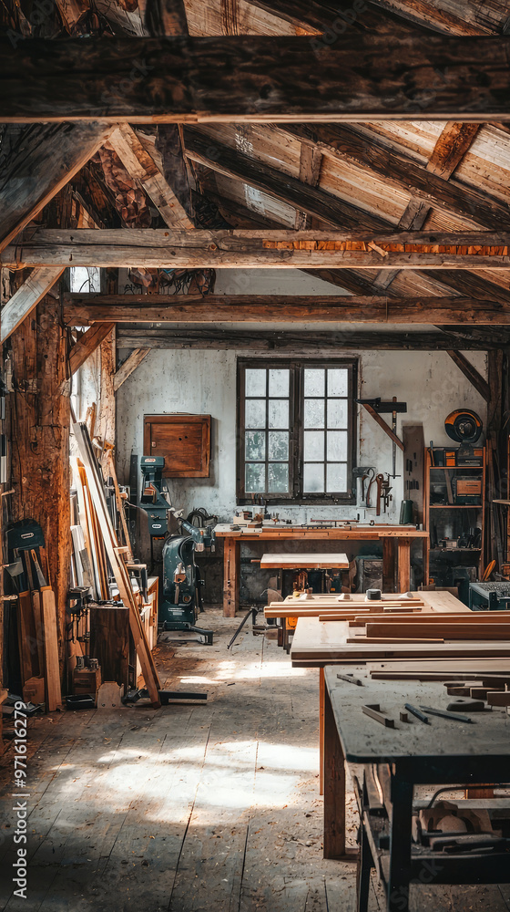 Rustic woodworking workshop with wooden beams and tools, creating warm atmosphere Rustic woodworking workshop with wooden beams and tools, creating warm atmosphere