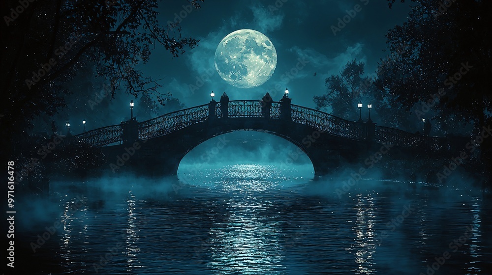 Fototapeta premium A haunted bridge with ghostly figures floating over the water, illuminated by the moonlight.