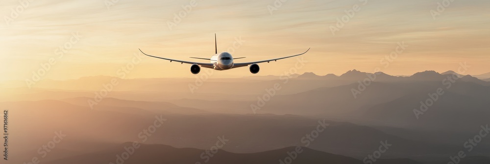 Obraz premium An airplane flies high above a breathtaking mountainous landscape as the sun sets in the distance. The scene evokes a sense of freedom, adventure, and the beauty of nature.