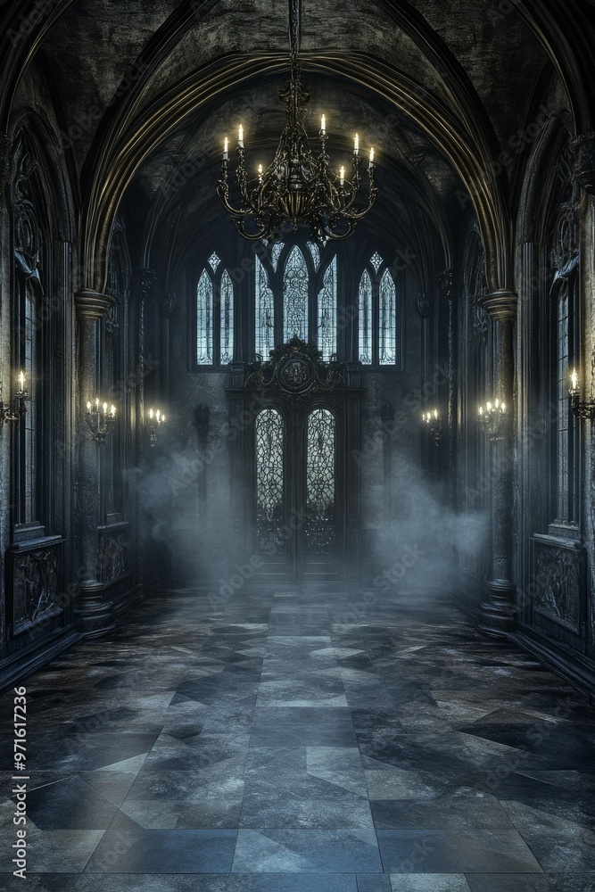 Obraz premium Eerie Abandoned Hallway With Intricate Architecture and Mist in a Dimly Lit Castle at Night