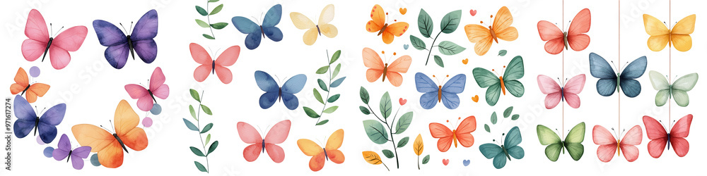 A vibrant collection of watercolor butterflies in various colors, perfect for designs, crafts, and creative projects. A vibrant collection of watercolor butterflies in various colors, perfect for designs, crafts, and creative projects.