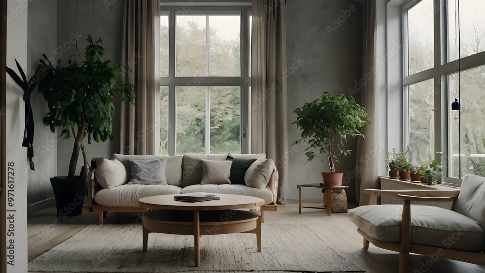A modern living room with a minimalist aesthetic, featuring a neutral color palette, clean lines, and natural materials A modern living room with a minimalist aesthetic, featuring a neutral color palette, clean lines, and natural materials