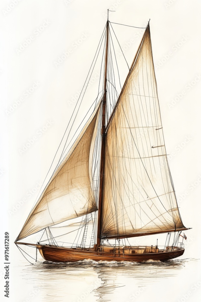 Classic Wooden Sailboat Gracefully Sailing on Calm Waters During a Serene Day Classic Wooden Sailboat Gracefully Sailing on Calm Waters During a Serene Day