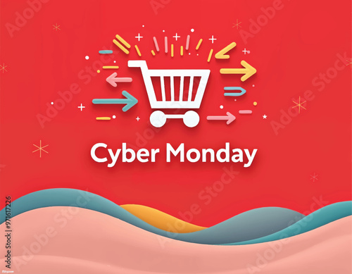 a poster that says cyber monday on it with shopping cart icon and colorful arrows towards it