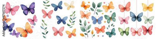 A vibrant collection of watercolor butterflies in various colors, perfect for designs, crafts, and creative projects.