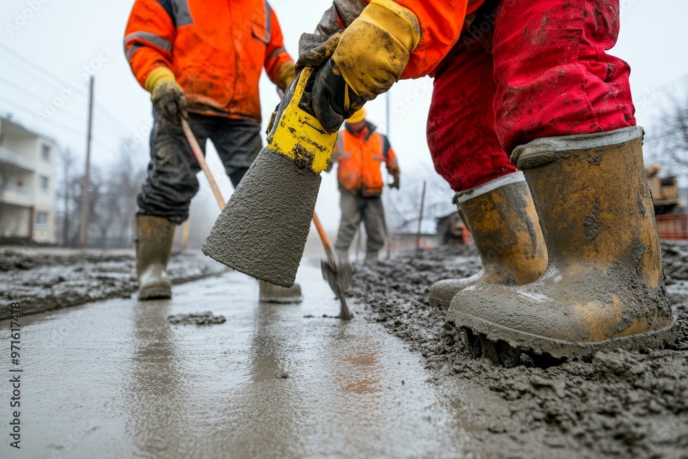 Construction workers pouring and smoothing fresh concrete on a new road, showcasing teamwork and the process of building infrastructure. Construction workers pouring and smoothing fresh concrete on a new road, showcasing teamwork and the process of building infrastructure.