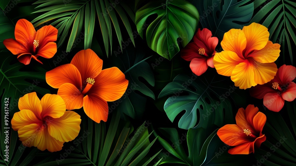 Lush green tropical leaves frame vibrant orange and yellow hibiscus flowers, symbolizing paradise, summer, exotic beauty, and the vibrancy of nature. Lush green tropical leaves frame vibrant orange and yellow hibiscus flowers, symbolizing paradise, summer, exotic beauty, and the vibrancy of nature.