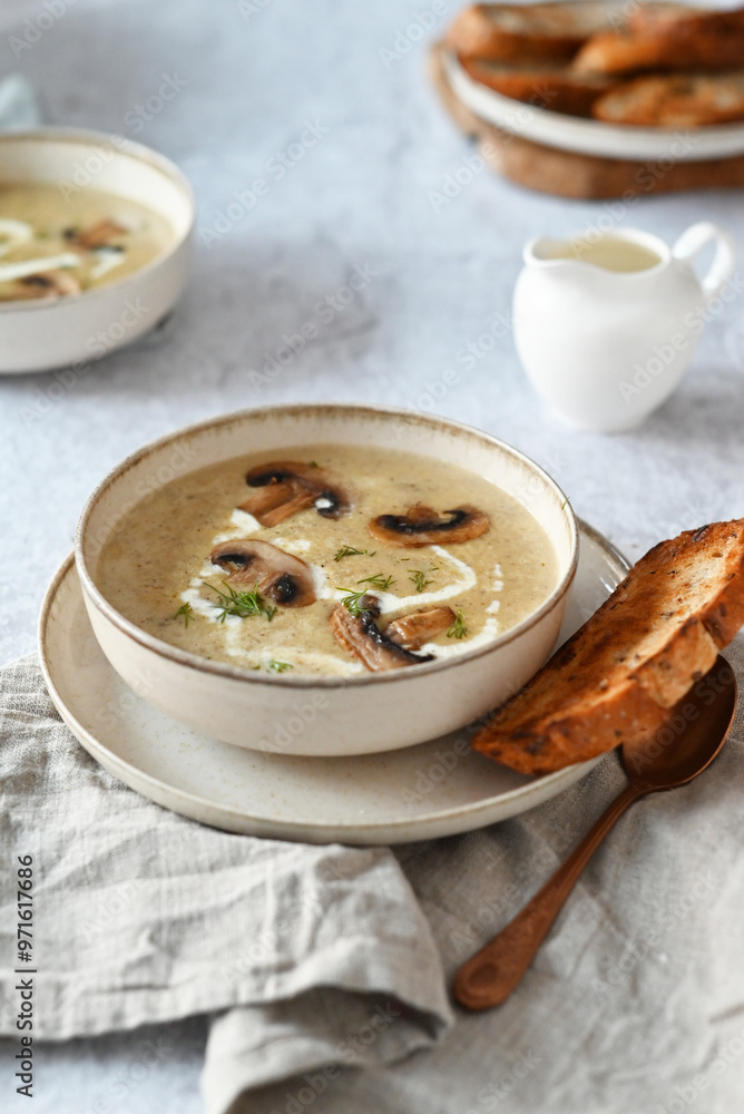 mushroom soup on the white table. mushroom soup with bread mushroom soup on the white table. mushroom soup with bread